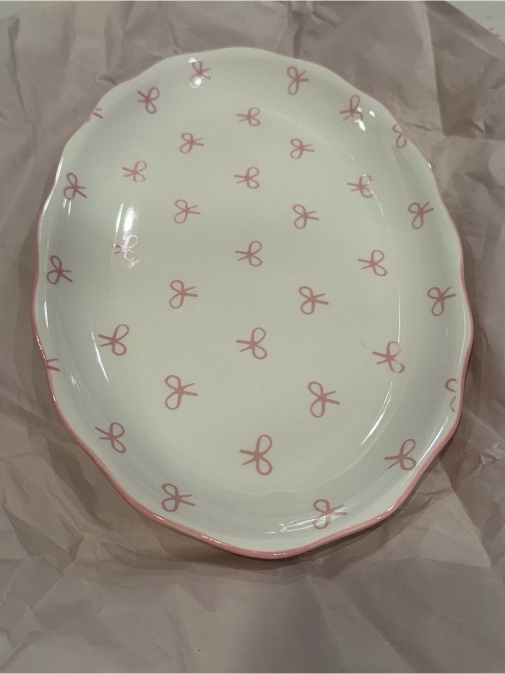 Godinger White Ceramic Platter with Pink Bow Motif